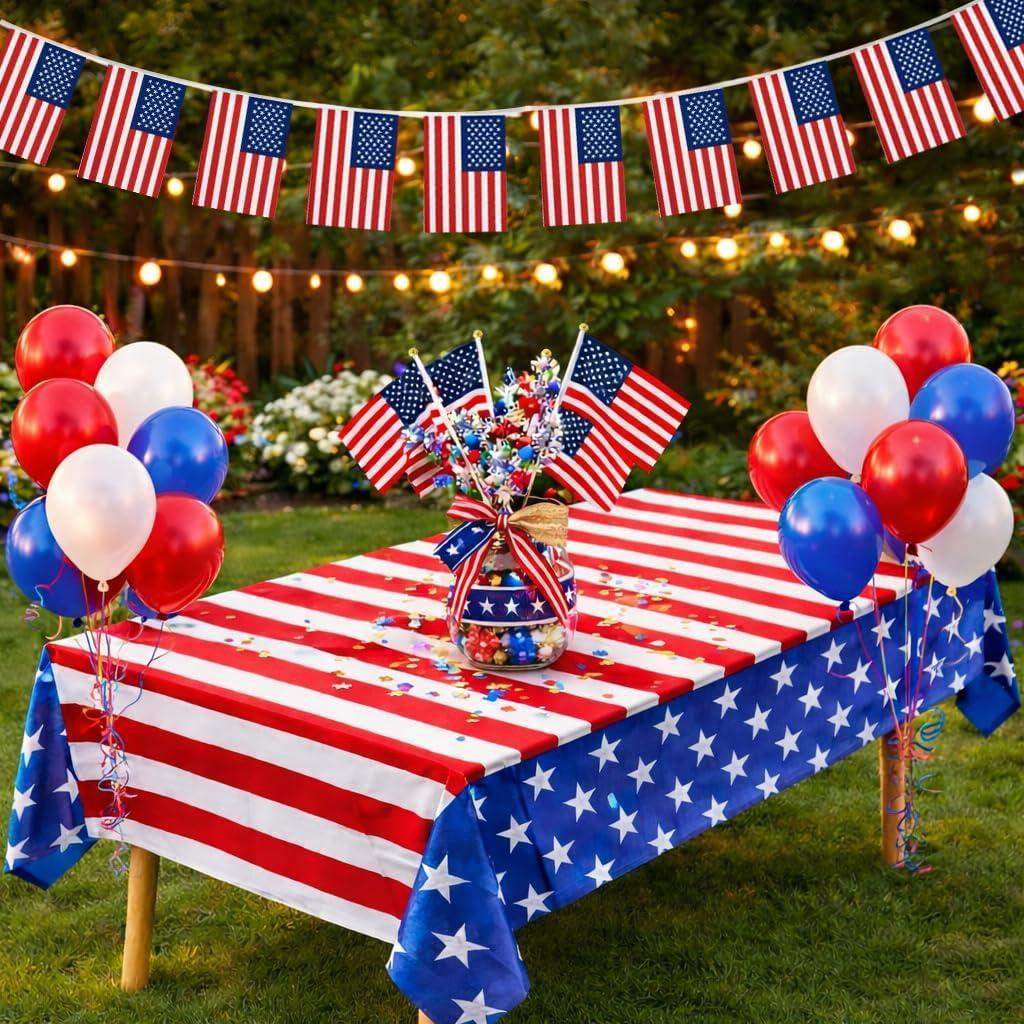 4th of July Decorations Set, Patriotic Party Supplies with American Flag Tablecloth, USA Flag Banner, Handheld Flags and Red White Blue Balloons, Independence Day Memorial Day Veterans Day Party Decor