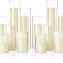 Shihanee Set of 12 Pillar Candles and Glass Cylinder Vases Assorted Sizes Clear Cylinder Holders for Pillar Candles Home Table Centerpieces Wedding Party Decorations (Multiple Sizes,Ivory)