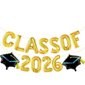 3 x Gold Class of 2026 Balloons - Grad Balloon for Graduation Decorations 2026 - Grad Class of 2026 Banner for Congrats Grad Decorations - Grad Party Decor Supplies