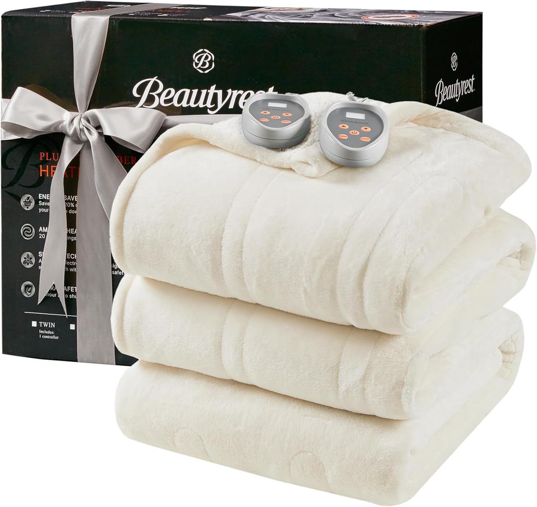 Beautyrest Heated Blanket, Electric Blanket, Soft, Warm, Reversible Plush - Sherpa Heating Blanket with 20 Heat Settings, 1-10 hrs Timer Auto Shut Off, Machine Washable, Queen (90 inx84 in), Ivory