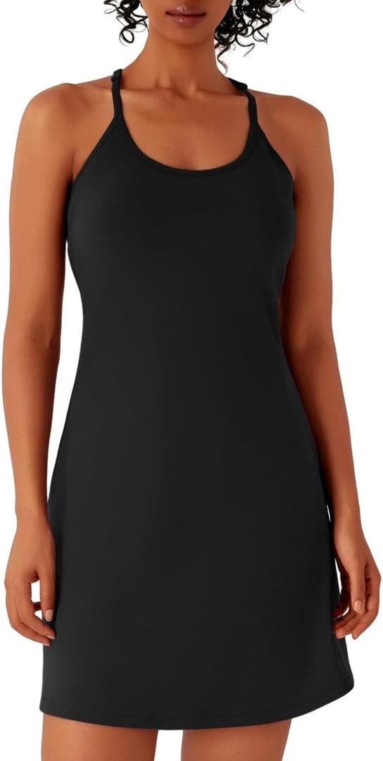 Womens Tennis Dress Athletic Dress with Built-in Shorts Pockets-Golf Workout Adjustable Straps Summer for Women Outfits (Black, L)