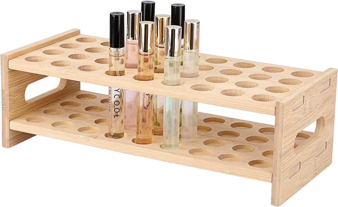 ELLDOO Rollerball Perfume Organizer, 36 Spaces Bamboo Perfume Storage Holder Beauty Scent Holder with Handle, Makeup Lipgloss Lipstick Display Case