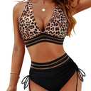 Blooming Jelly Women High Waisted Bikini Sets Tummy Control Swimsuits Color Block Two Piece Drawstring Bathing Suit, XL