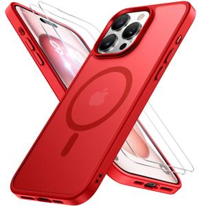 Miracase Magnetic for iPhone 15 Pro Max Case 6.7 inch (Compatible with MagSafe)（with 2X Screen Protectors）Military-Grade Protection, Anti-Fingerprint Translucent Matte Phone Cover, Red
