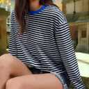 Gardenwed Long Sleeve Shirts for Women Striped Crewneck Loose Fit Basic Tops 2025 Fall T-Shirt (Blue, M)