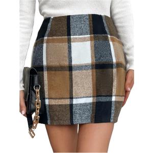 MakeMeChic Women's Plaid Skirt High Waisted Zipper Elegant Bodycon Skirts Yellow Small