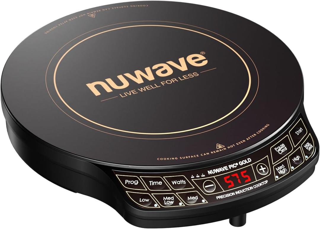 Nuwave Precision Induction Cooktop Gold, 12 Shatter-Proof Ceramic Glass Surface, Large 8 Heating Coil, Portable, 51Temp Settings 100F to 575F, 3 Wattage Settings 600, 900, and 1500 Watts