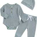 Newborn Baby Boy Clothes Long Sleeve Ribbed Bodysuit Pants Hat 3-Piece Outfit Set (0-3 Months, A1 Blue)