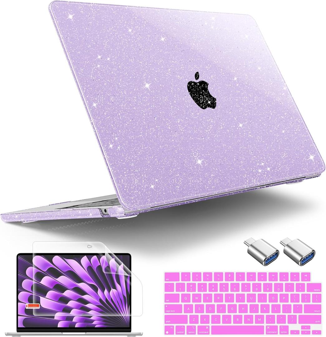 Tuiklol Compatible with New MacBook Air 15 inch Case 2023 M2 Clip, Model A2941 Hard Shell Case with Keyboard Cover & Screen Protector & OTG Adapter with Air 15.3 M2 Cover,Sparkly Purple