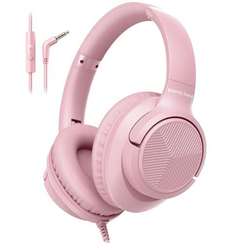 Botesty Sound Wired Headphones with Microphone, Over Ear 3.5mm Plug in Headphones with 4.9ft Tangle-Free Nylon Cord for Tablet, Laptop, MP3/4, School, Airplane Travel (Pink)