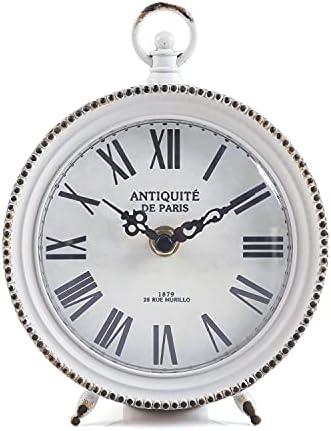 NIKKY HOME Vintage Table Clock with Handle, Shelf Desk Top Clock Battery Operated Rustic Design, Chic Home Decor for Fireplace Mantel, Desktop, Countertop, Distressed White