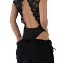 SweatyRocks Women's Sexy Floral Lace Trim Bodysuit Backless Deep V Neck Lingerie Jumpsuit Sheer Date Night Romper, Black, Small