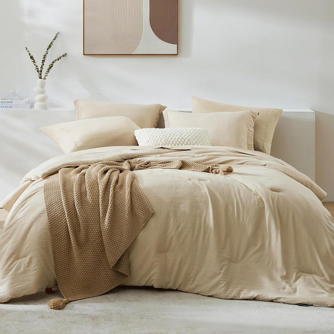 WRENSONGE Oversized Queen Comforter Set - 7 Pieces Beige Bed in a Bag Queen with Sheets, 2 Pillow Shams, and 2 Pillowcases- Warm Bedding Sets Queen for All Season