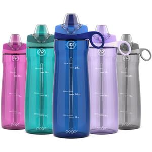 Pogo Plastic Water Bottle with Straw Lid and Carry Handle, Reusable, BPA Free, Dishwasher Safe, Perfect for Travel, School, Outdoors, and Gym | 32oz, 40oz (Blue)