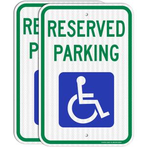 (2 Pack) Reserved Handicap Parking Sign with Wheelchair Picture, 18 x 12 Engineer Grade Reflective Sheeting, Rust Free Aluminum, Weather Resistant, Waterproof, Durable Ink