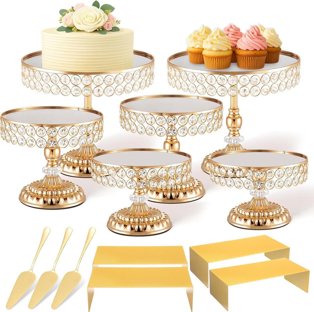 Lallisa 13 Piece Gold Cake Stand Set, Vintage Cake Dessert Display with Crystal Rim & Cupcake Trays for Wedding, Birthday Anniversary Parties, Dessert Table Decoration