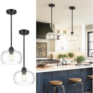 AUTELO 2 Pack Matte Black Pendant Lights, Kitchen Pendant Lights Over Island with Clear Drum Glass, Island Pendant Lights for Kitchen Dining Room Bar, H9385 BK-R-2PK