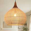 Karjearl 20" Large Rattan Pendant Light, Rattan Chandelier Hand-Woven Boho Pendant Light Fixtures with Solid Wood, Basket Wicker Chandelier for Dining Room Kitchen Island Living Room