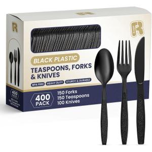 R-kay 400 Pcs Black Plastic Silverware Heavy Duty - Heat Resistance Forks Spoons And Knives Set - BPA Free Black Plastic Utensils Set