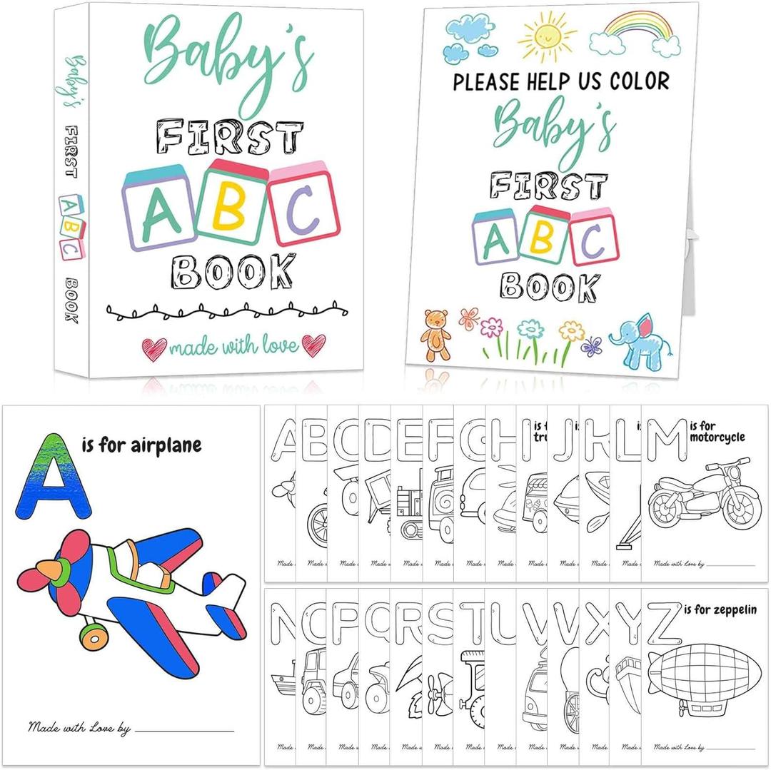 Hongpar Baby's First ABC Book Baby Shower Activity Keepsake Game,Alphabet Coloring Baby Books for Baby Shower, Baby's First Alphabet Coloring Book, Alphabet A to Z Vehicle Coloring Pages