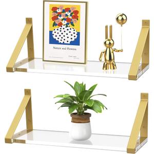 Clear Shelves, Gold Floating Shelves Wall Mounted Set of 2, 8mm Transparent Acrylic, Invisible Wall Shelves for Bedroom, Living Room, Bathroom, Kitchen, Office Display Decor (13in)