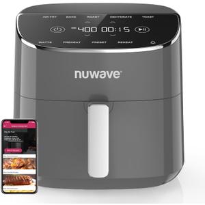 Nuwave Brio Plus Air Fryer 8 Qt, New & Improved, PFAS-FREE, 7 Digital One-Touch Cook Functions that AIR FRY, BAKE, ROAST, DEHYDRATE, TOAST, REHEAT, PREHEAT, 150 Presets, 50F~400F (Cool Gray)