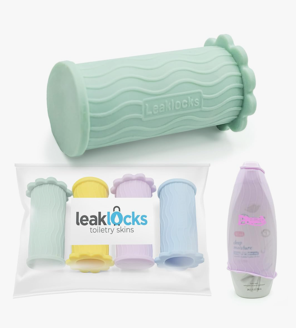 LeakLocks® Toiletry Skins™ Elastic Sleeve for Leak Proofing Travel Container in Luggage. For Standard and Travel Sized Toiletries. Reusable Accessory for Travel Bag Suitcase and Carry-on Luggage