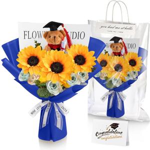 Giegxin Graduation Bear Flower Bouquet Set Graduation Bouquet Gift Graduation Bear Artificial Sunflower Rose Bouquet Greeting Card Gift Bag for Her Him Grad Party Gifts Favors Supplies(Blue)