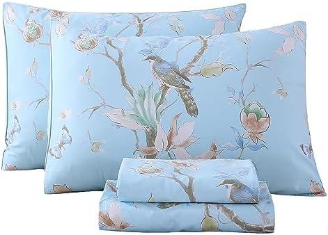 RYNGHIPY Egyptian Cotton Bed Sheet Set Blue Bird Botanical Pattern Bed Sheets Deep Pocket Fitted Sheet Tree Branches Print Bedding Soft Breathable (Light Blue, King Size)