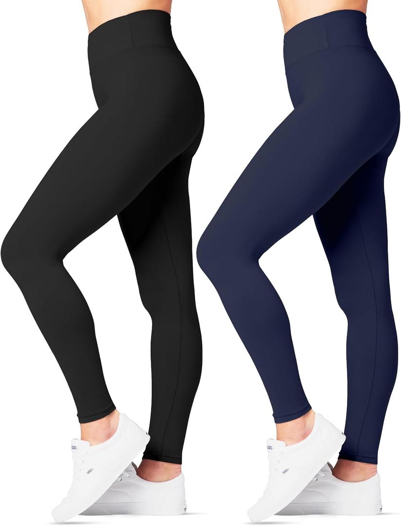 SATINA High Waisted Leggings for Women - Comfortable and Stretchy in Versatile Sizes and Colors - Workout Yoga Leggings Set, One Size  (Black & Navy Blue)