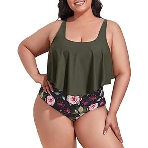 Mooncore Women's Plus Size Swimsuit High Waisted Tankini Bathing Suits Two Piece Flounce Bikini Swimsuit, 2XL