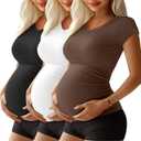 Ficerd 3 Pack Womens Maternity Shirts, Cap Sleeve Cotton Pregnancy Tops Side Ruched T Shirt V Neck Casual Maternity Clothes (X-Large, Black, White, Coffee)