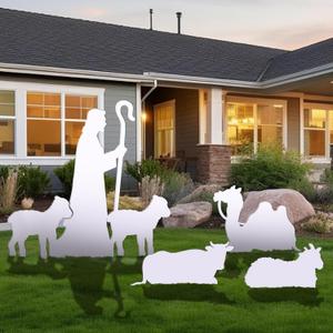 4 Pcs Outdoor Nativity Scene for Yard Weatherproof Nativity Sets Xmas Shepherd with Sheep Camel Ox for Christmas Family Lawns Outdoor Decor, Water Resistant PVC (White)