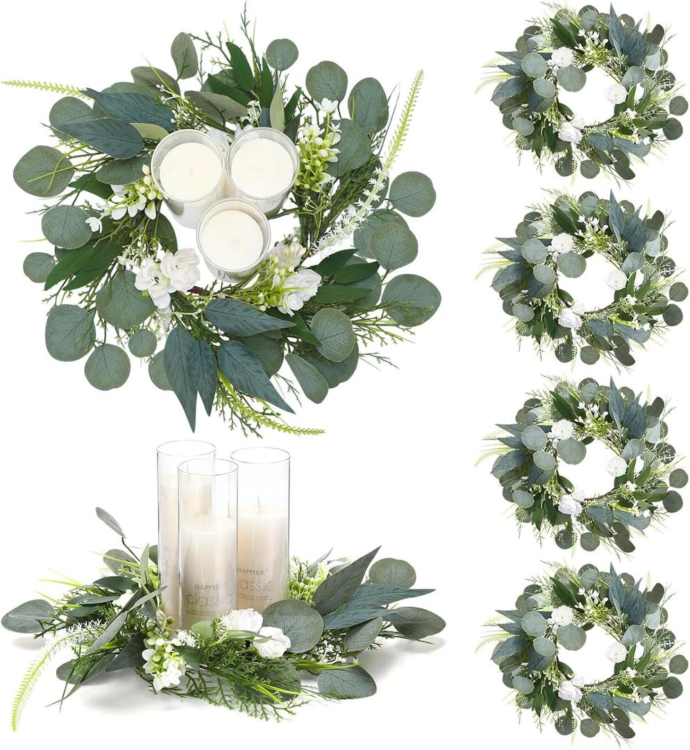 6 Pcs 18. 1 Inch Large Candle Rings for Wedding Table Centerpieces Artificial Rose Eucalyptus Wreaths Wedding Reception Florals Candle Holder for Ceremony Tabletop Door Decor
