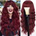 AISI QUEENS Long Wig with Bangs Wine Red Wavy Wigs for Women Synthetic Heat Resistant Fibre Burgundy Wigs for Girls Daily Party Use