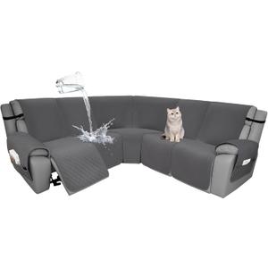 Velvet 1OO% Waterproof Reclining Sectional Couch Covers for Sectional Sofa L Shape 7-Piece Quilted Corner Recliner Sofa Cover Slipcovers Set Washable (5 Seater, Dark Grey)