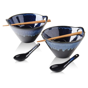 KOOV Porcelain Japanese Ramen Bowls with Chopsticks and Spoons, 26 Ounce, Deep Pho Bowl, Reactive Glaze (Blue Galaxy), Set of 2