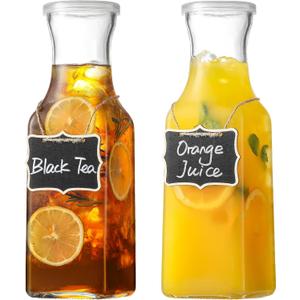Set of 2 Square Glass Carafe, 1 Liter Clear Glass Pitcher with Lid, Beverage Serveware Carafe for Mimosa Bar, Coffee, Juice, Cold Water, Milk, Lemonade, Iced Tea