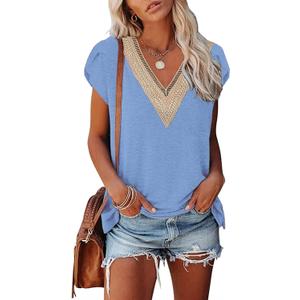 Cap Sleeve Summer Tops for Women Trendy Floral Print Casual V Neck T Shirts Petal Sleeve Blouses (L)