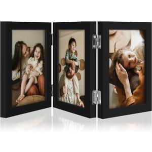 decorUhome Triple 4x6 Picture Frame Vertical, Engineered Wood Trifold Photo Frame with Plexiglass for Tabletop Display, 4x6, Black