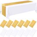 Tudomro 12 Pcs White and Gold Disposable Plastic Tablecloths and Satin Table Runner Set, 54 x 108 Inch Tablecloth, 12 x 108 Inch Table Runners for Wedding Baby Shower Birthday Party