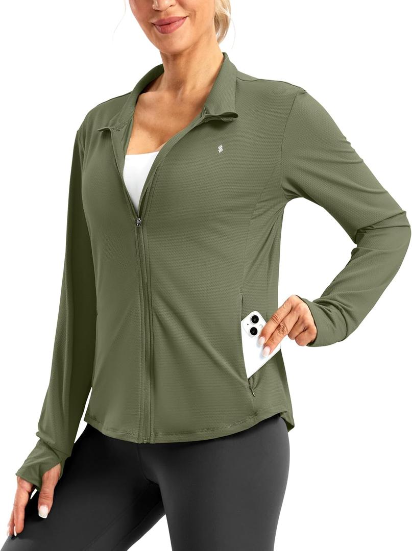 Soothfeel Women's UPF 50+ Lightweight Athletic Jackets Sun Protection Zip Up Long Sleeve Shirts Hiking Workout Outdoor Pocket (Green, S)