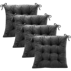 Pack of 4 Square Seat Cushion Chair Pads for Kitchen Dining Chairs, Soft Comfort Velvet Chair Mat Pillow Cushions with Ties for Office Desk Living Room Tatami 15.5", Dark Gray