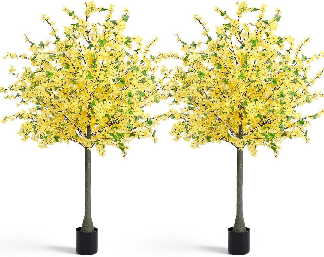 Thiccywoov 2 Pack 4FT Yellow Artificial Forsythia Tree, Faux Spring Forsythia Flower Branches Plant with Pot, Lifelike Fake Tree for Living Room Corner, Entryway, Porch Indoor Outdoor Decor