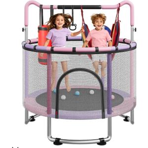 60" Trampoline for Kids, 4.5/5 FT Toddler Trampoline with Enclosur Net, Basketball Hoop & Sandbag, 440 LBS Capacity, Adjustable Height，Gifts for Ages 3-12 Boys & Girls