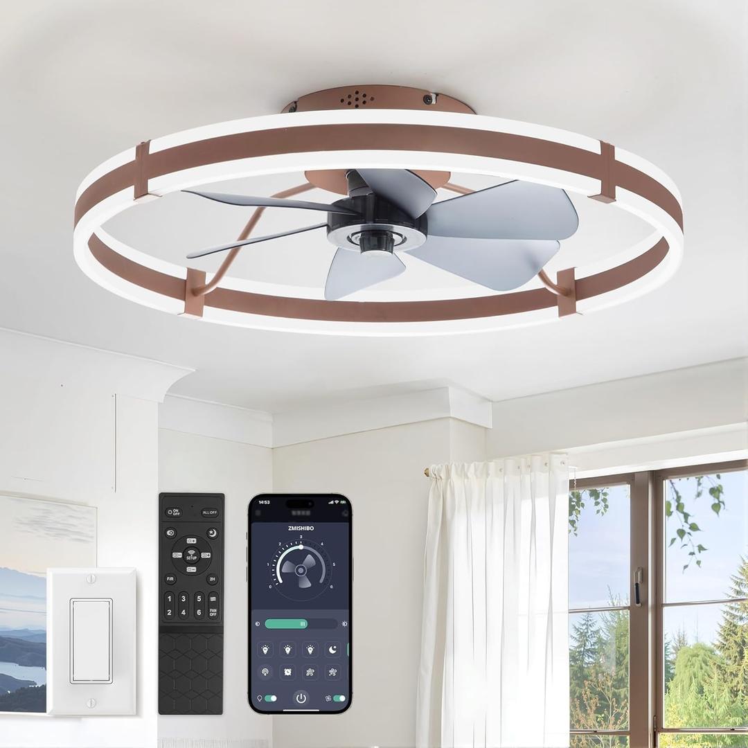ZMISHIBO 24 Inch Ceiling Fans with Lights and Remote, Modern Low Profile Ceiling Fan, 3000-6000K Dimmable Flush Mount LED Fan Light, 6 Wind Speeds, Fandelier Ceiling Fans for Bedroom- Brown