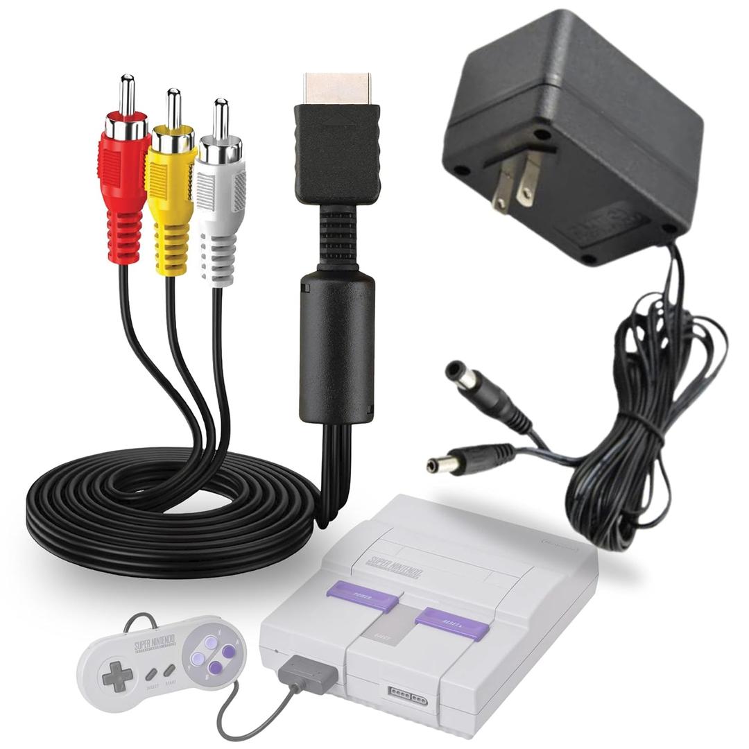 AC Power Supply + Audio Video RCA AV Cable Adapter Cord To External TV Screen Monitor For Super Nintendo SNES Nes Genesis 1 Systems Game Console Bundle Set