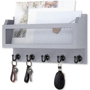Nekon Mail and Key Holder for Wall Decorative, 11 Inch Wooden Wall Key Organizer with 5 Key Hooks, Wall Mount Storage Shelf for Entryway Hallway (Gray)