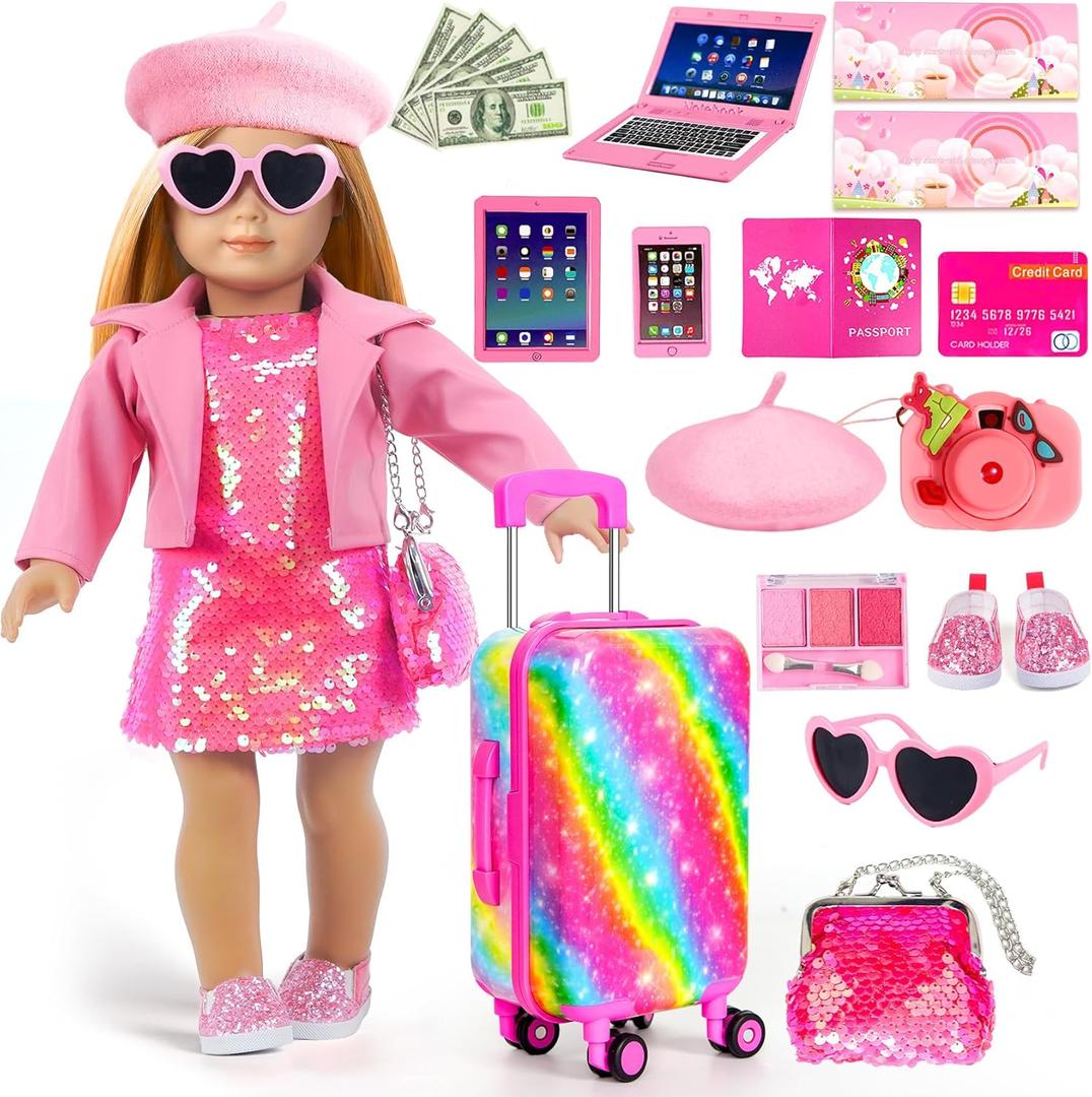 American 18 Inch Doll Clothes Accessories-18 inch Doll Suitcase-Glasses,Beret,Shoes,Handbag,Camera, Passport,Mobile Phone Travel Set Valentine's Gift Toys for 3-12 Girls