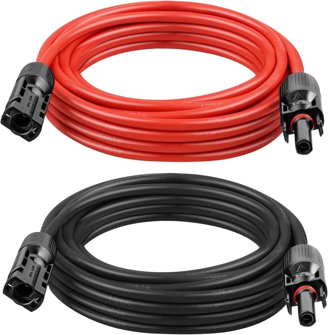 Solar Panel Extension Cable - 12AWG 10FT Solar Wire with Female & Male Waterproof Connector PV Wire for RV, Photovoltaic Systems, Home, Boat, Solar Panels, Car(10ft Red + 10ft Black)